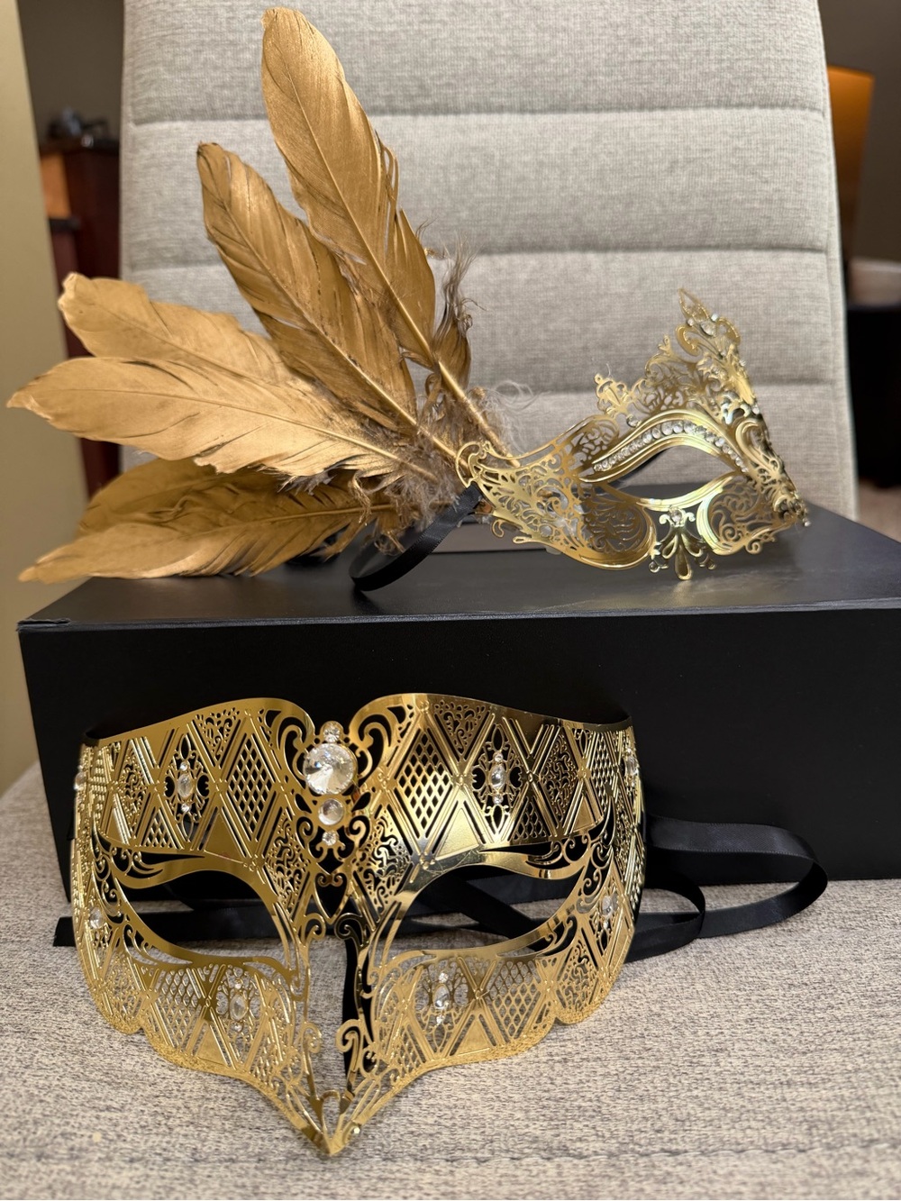 Gold Filigree Venetian Masquerade His & Hers Mask Set W/ Feather Accents Costume